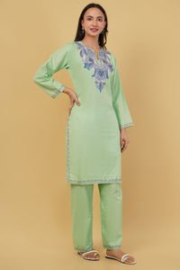 Kashmiri Aari embroidery Cotton Co-ord set Size-38 (Green)