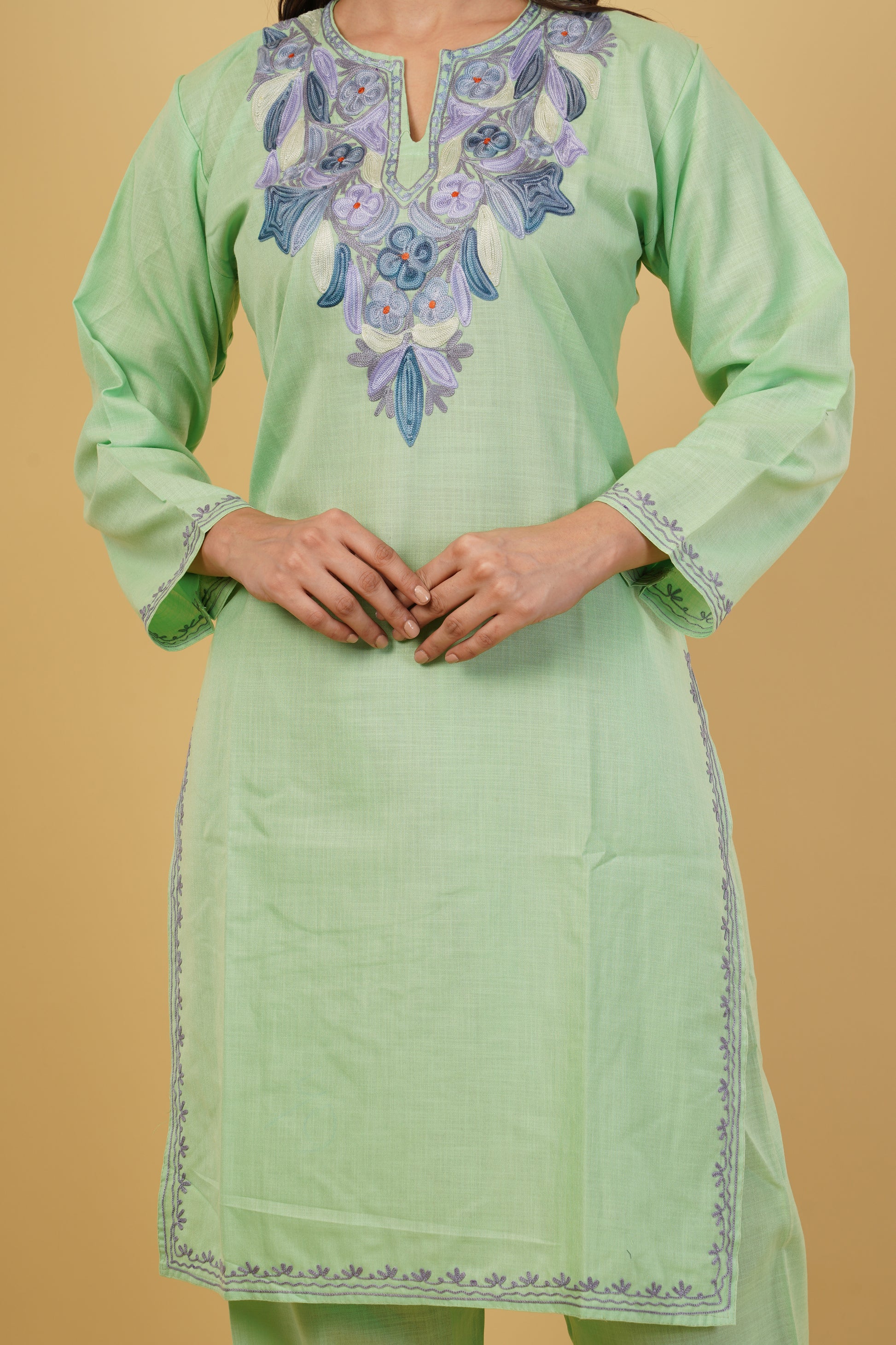 Kashmiri Aari embroidery Cotton Co-ord set Size-38 (Green)