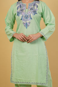 Kashmiri Aari embroidery Cotton Co-ord set Size-38 (Green)