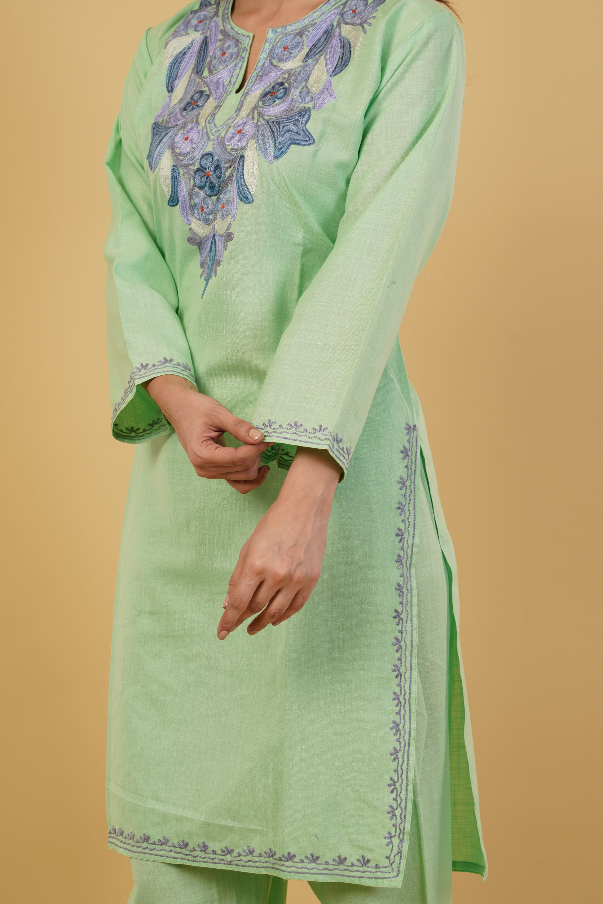 Kashmiri Aari embroidery Cotton Co-ord set Size-38 (Green)