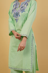 Kashmiri Aari embroidery Cotton Co-ord set Size-38 (Green)