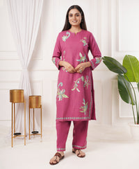 Pure Acro Wool Kashmiri Aari Embroidery Kurti & Pant Set (Pink)
