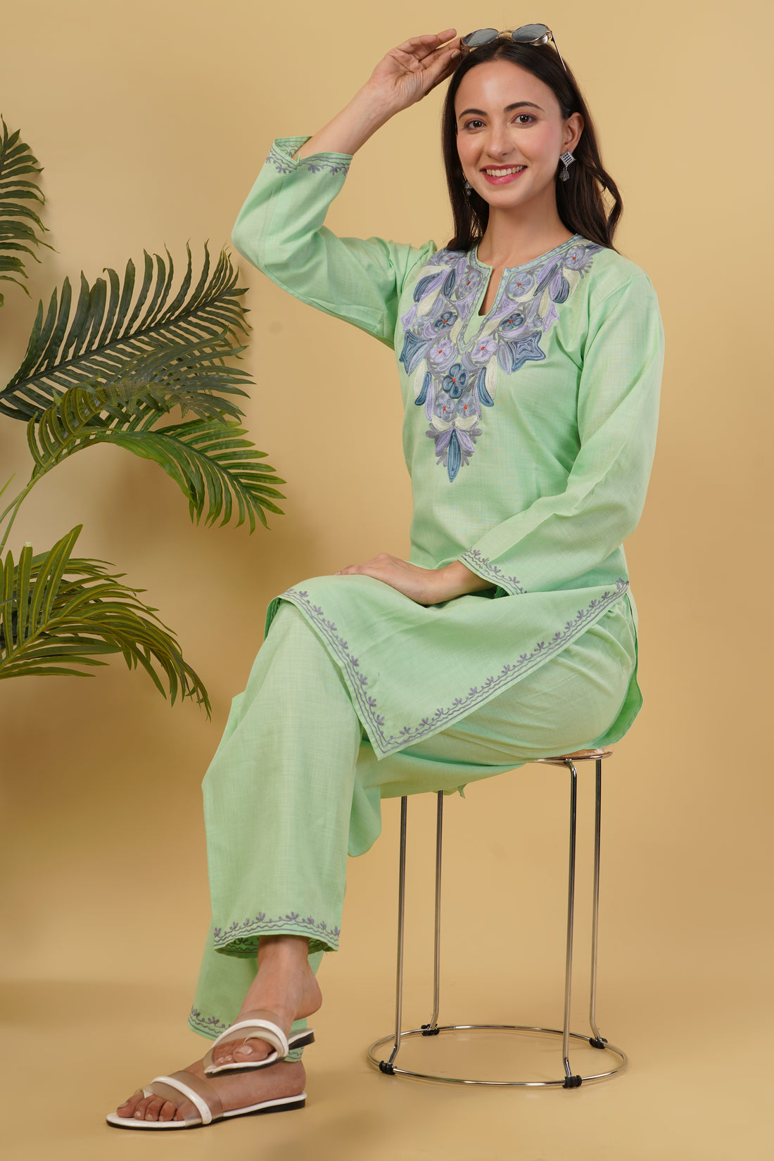 Kashmiri Aari embroidery Cotton Co-ord set Size-38 (Green)