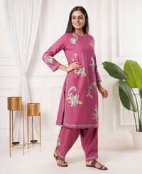 Pure Acro Wool Kashmiri Aari Embroidery Kurti & Pant Set (Pink)