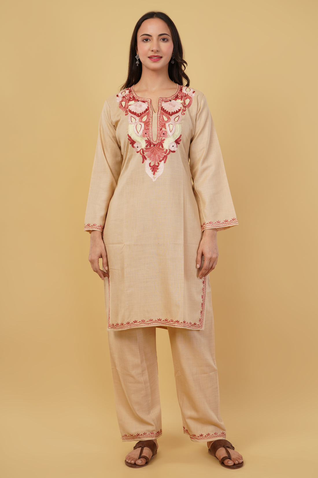 Kashmiri Aari embroidery Cotton Co-ord set Size-38 (Beige)