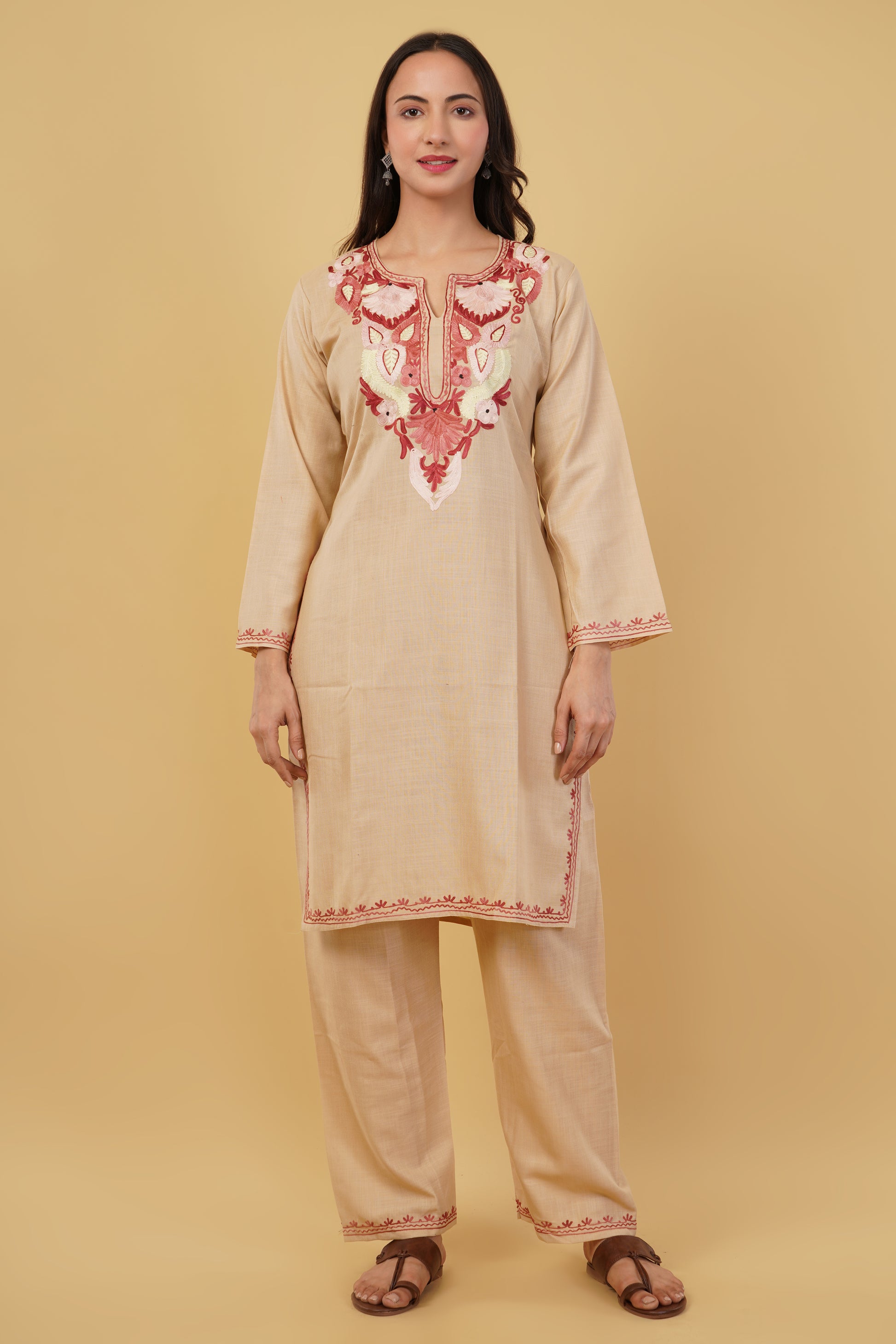 Kashmiri Aari embroidery Cotton Co-ord set Size-38 (Beige)