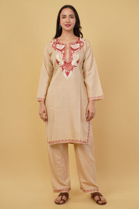 Kashmiri Aari embroidery Cotton Co-ord set Size-38 (Beige)