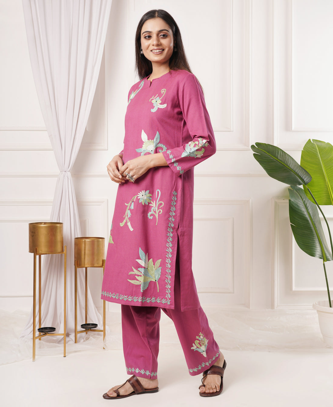 Premium Acro Wool Winter Kurti & Pant Set (Pink)