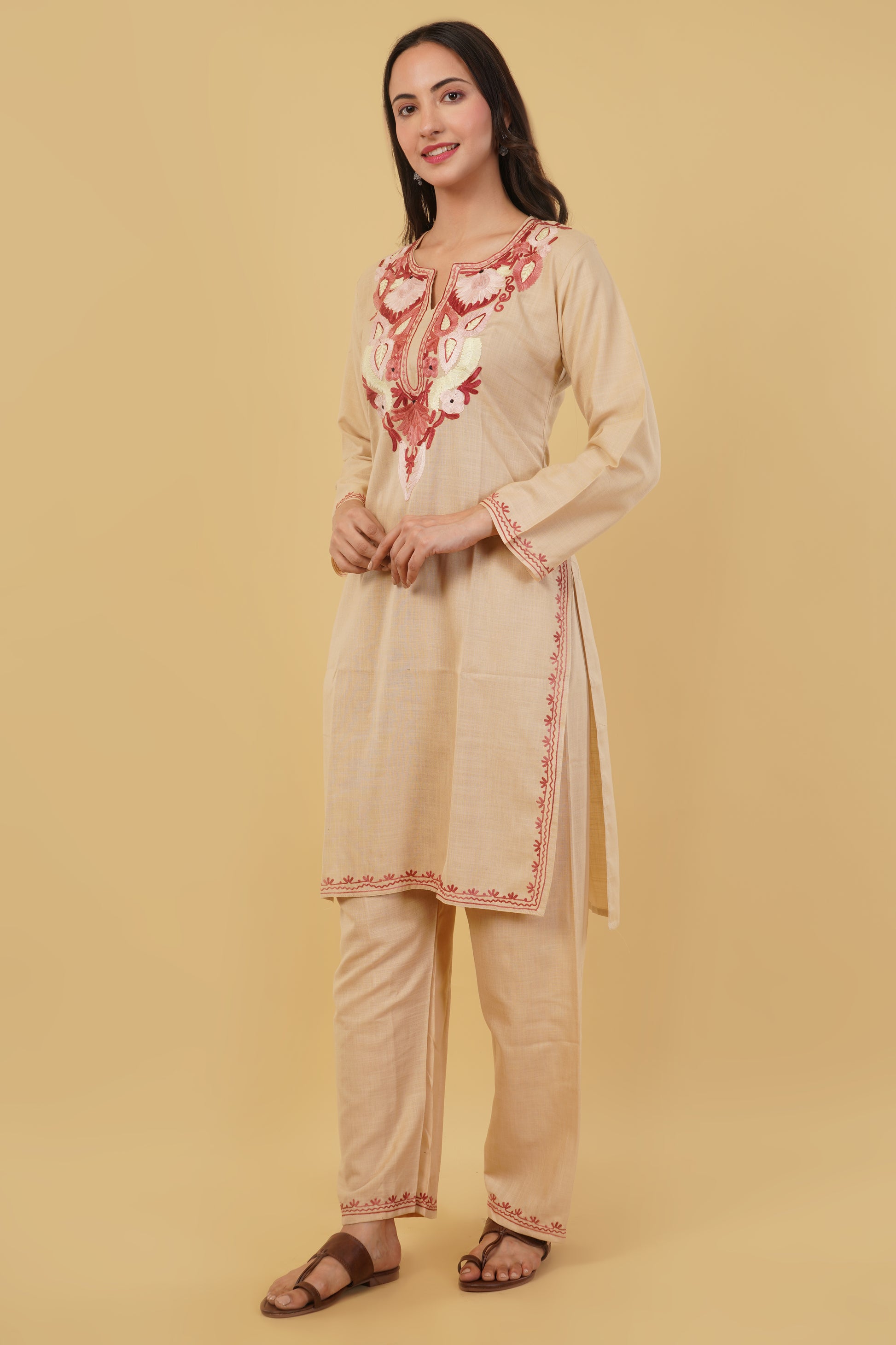 Kashmiri Aari embroidery Cotton Co-ord set Size-38 (Beige)