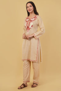 Kashmiri Aari embroidery Cotton Co-ord set Size-38 (Beige)