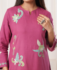 Pure Acro Wool Kashmiri Aari Embroidery Kurti & Pant Set (Pink)
