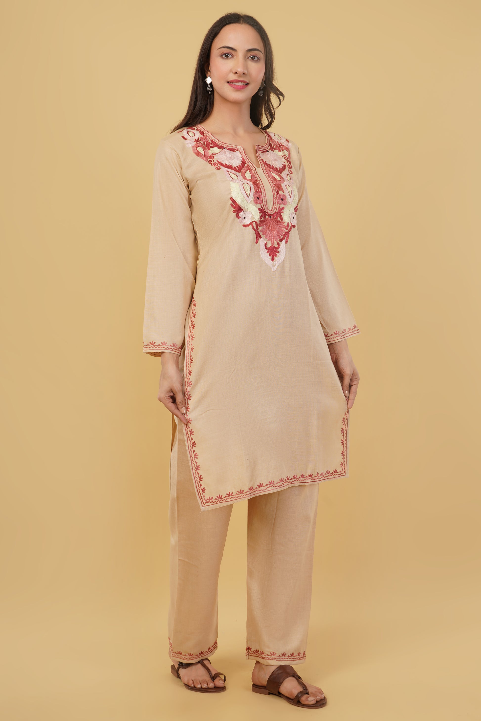 Kashmiri Aari embroidery Cotton Co-ord set Size-38 (Beige)