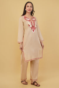 Kashmiri Aari embroidery Cotton Co-ord set Size-38 (Beige)