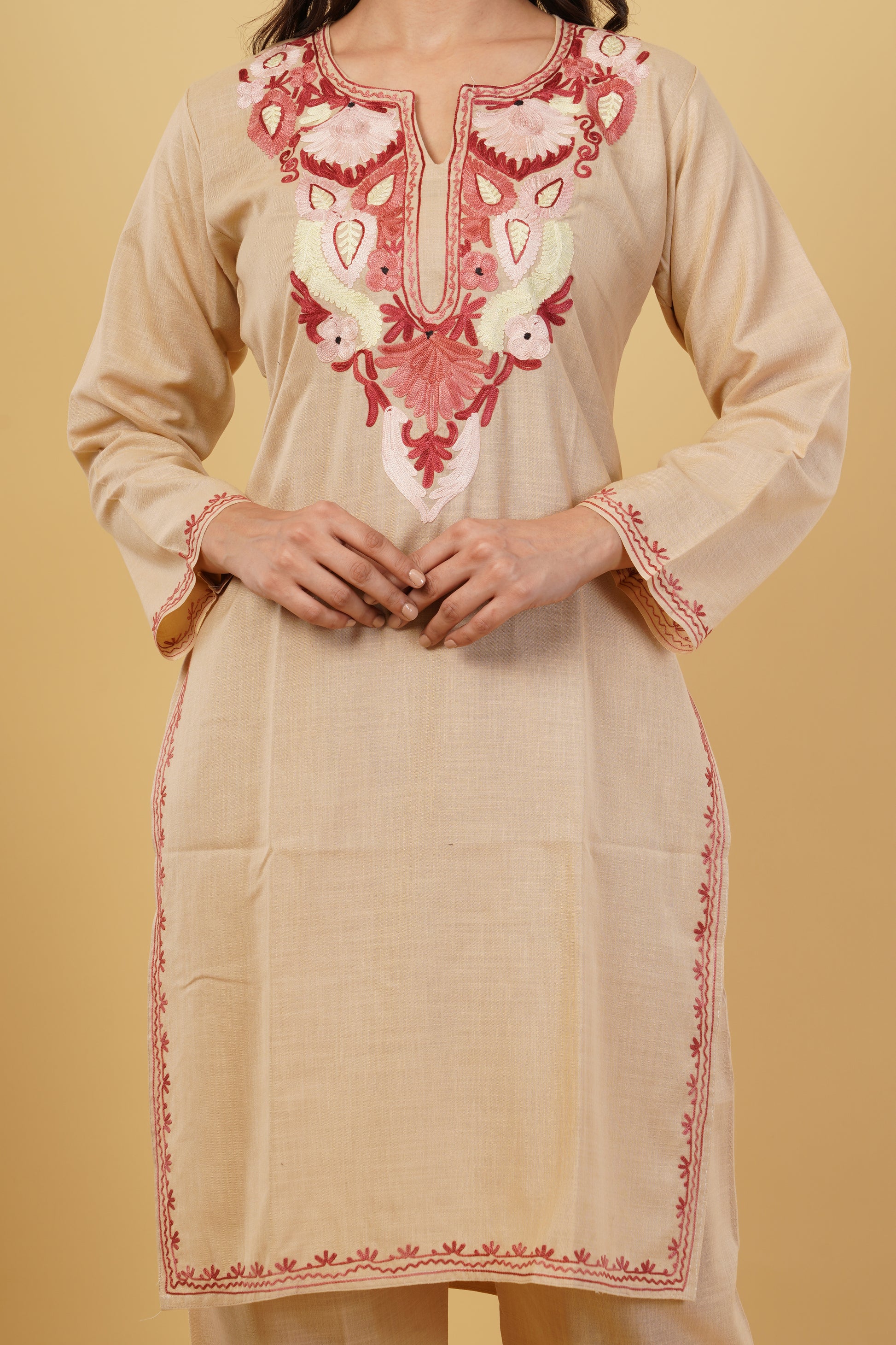 Kashmiri Aari embroidery Cotton Co-ord set Size-38 (Beige)