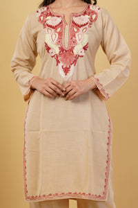 Kashmiri Aari embroidery Cotton Co-ord set Size-38 (Beige)
