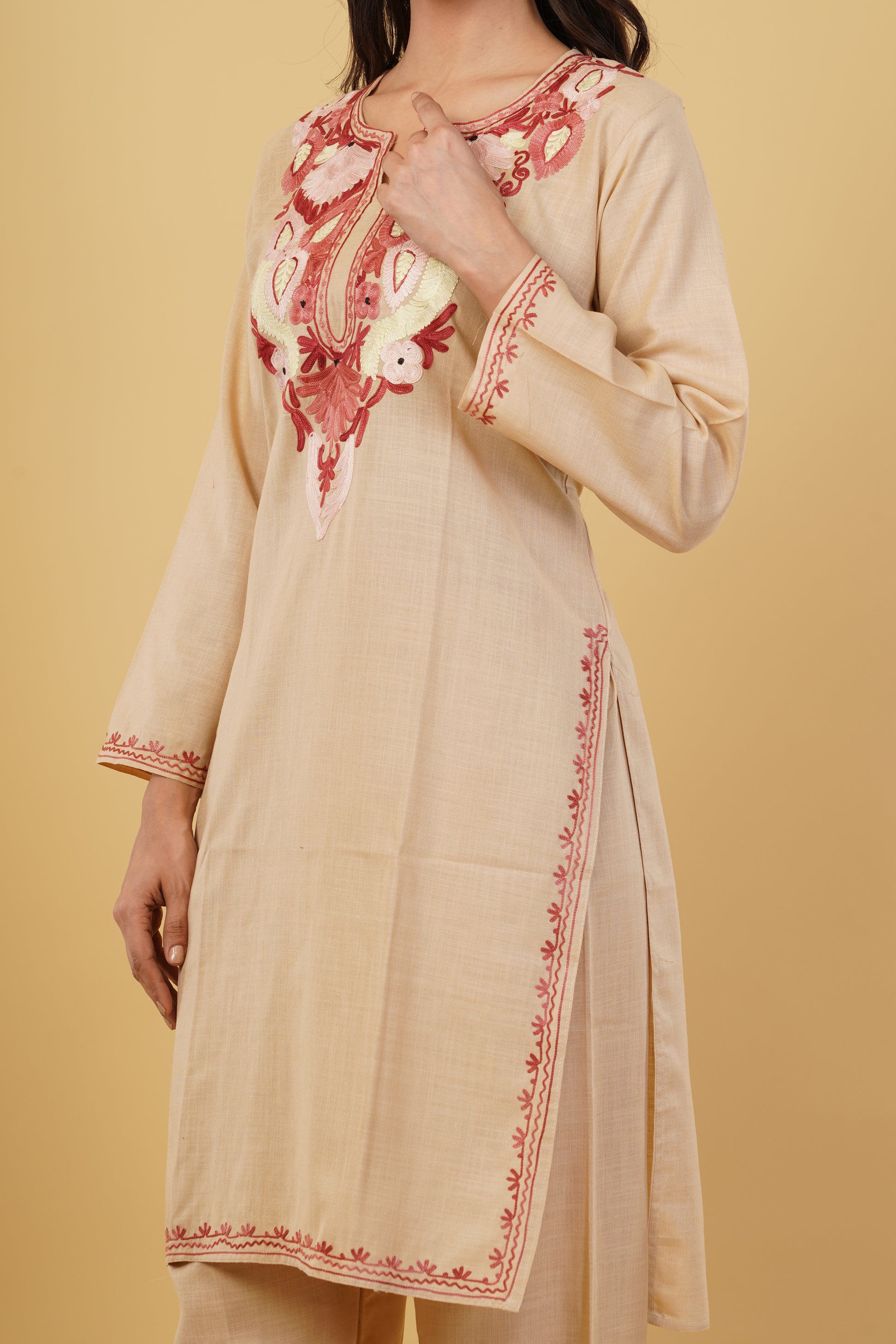 Kashmiri Aari embroidery Cotton Co-ord set Size-38 (Beige)