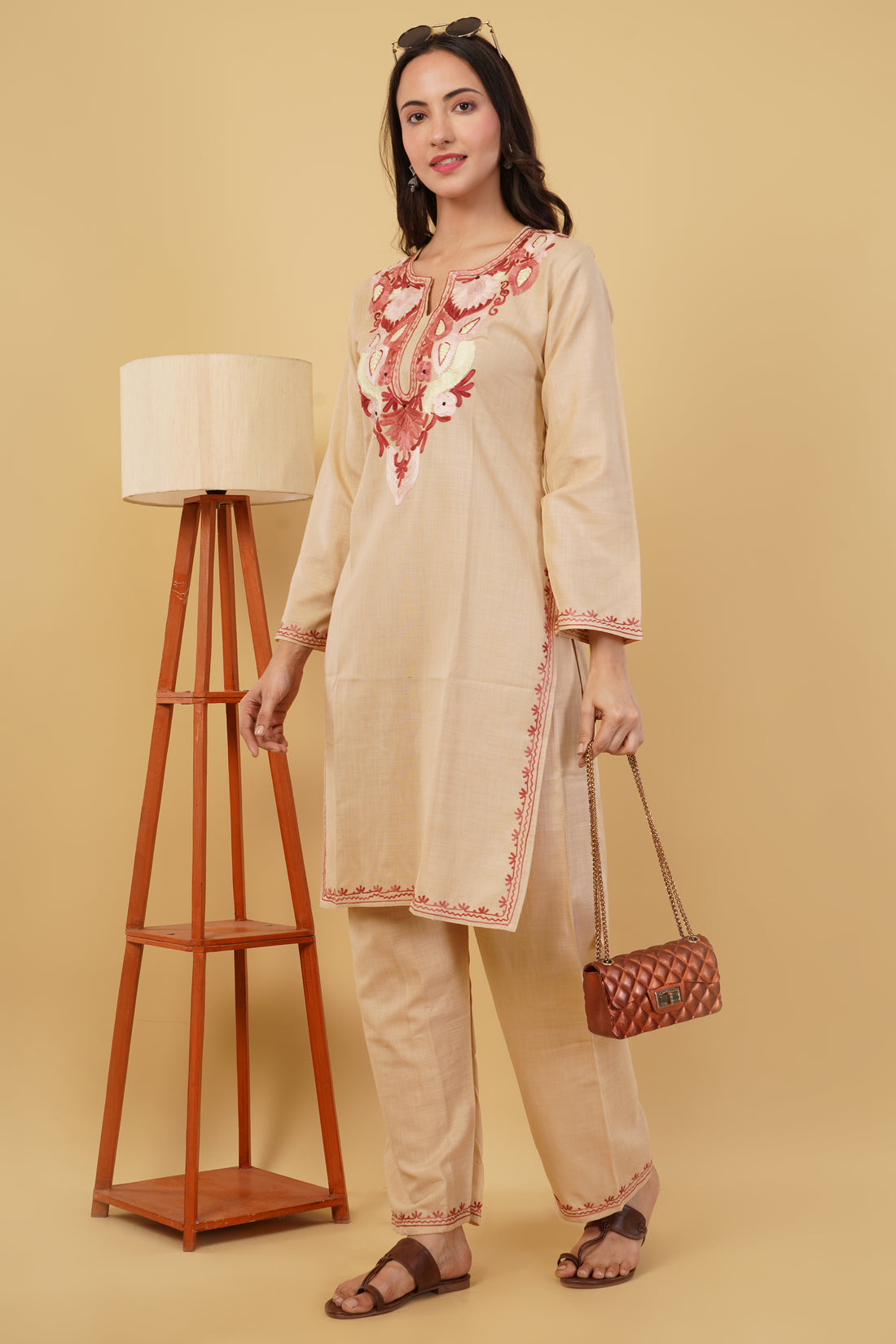 Kashmiri Aari embroidery Cotton Co-ord set Size-38 (Beige)