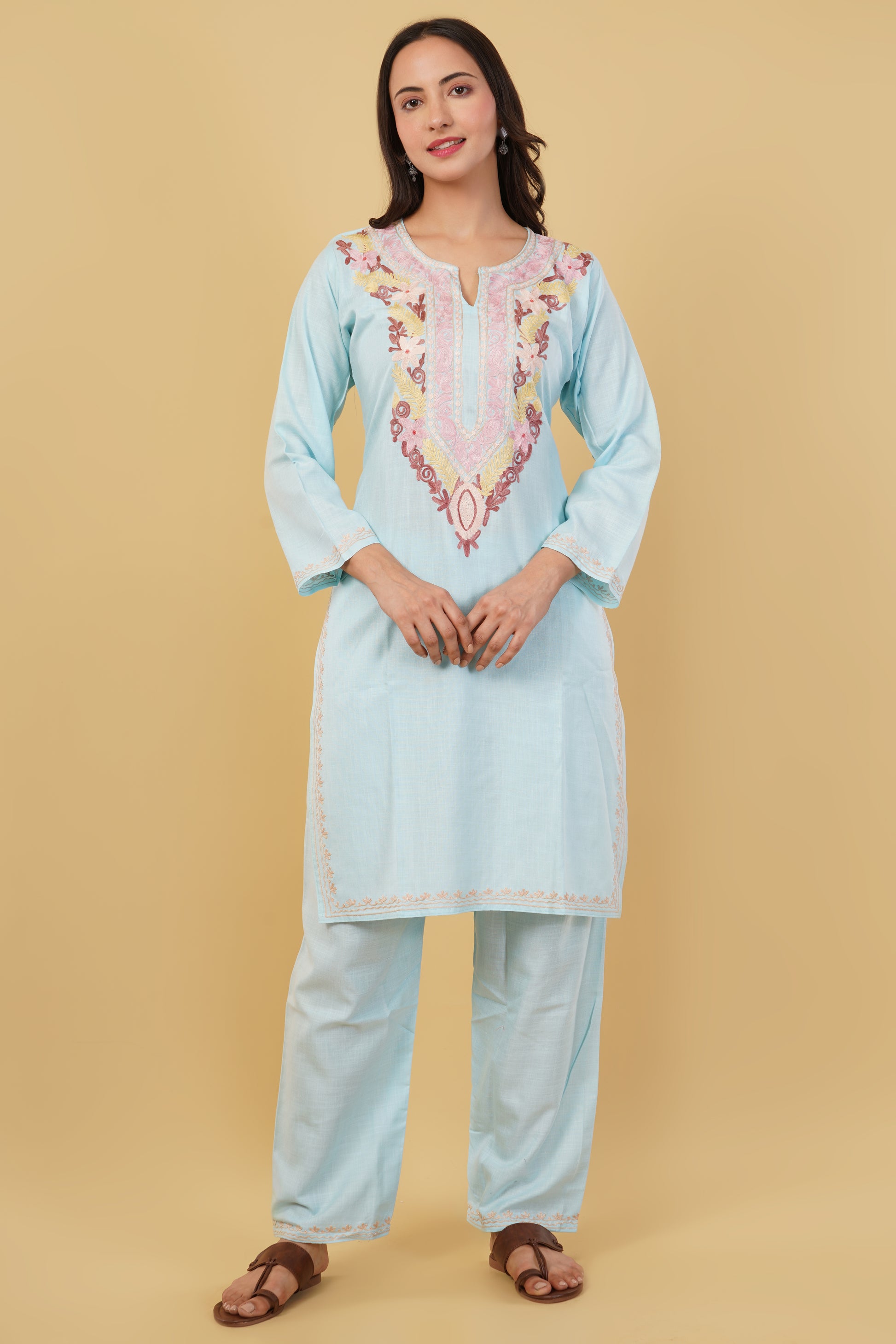 Kashmiri Aari embroidery Cotton Co-ord set Size-38 (Sky Blue)