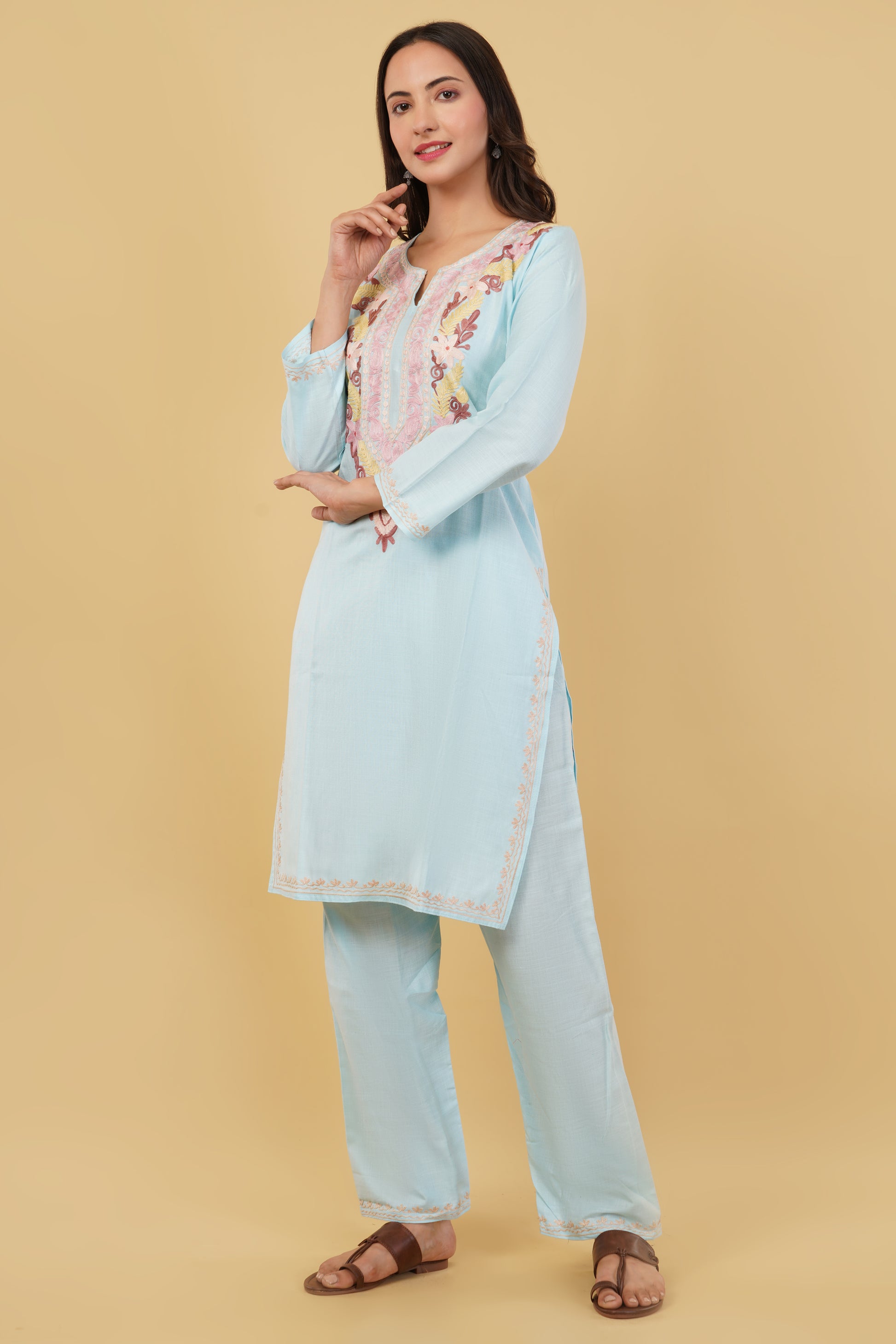 Kashmiri Aari embroidery Cotton Co-ord set Size-38 (Sky Blue)