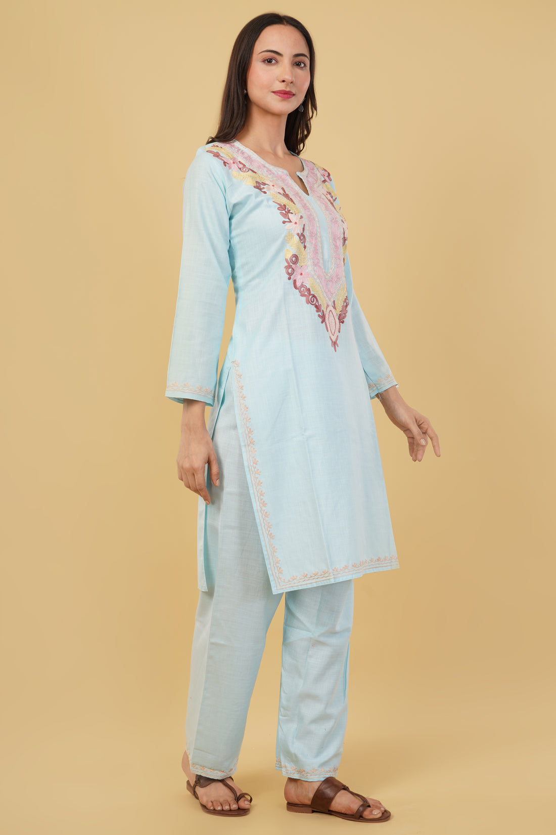 Kashmiri Aari embroidery Cotton Co-ord set Size-38 (Sky Blue)