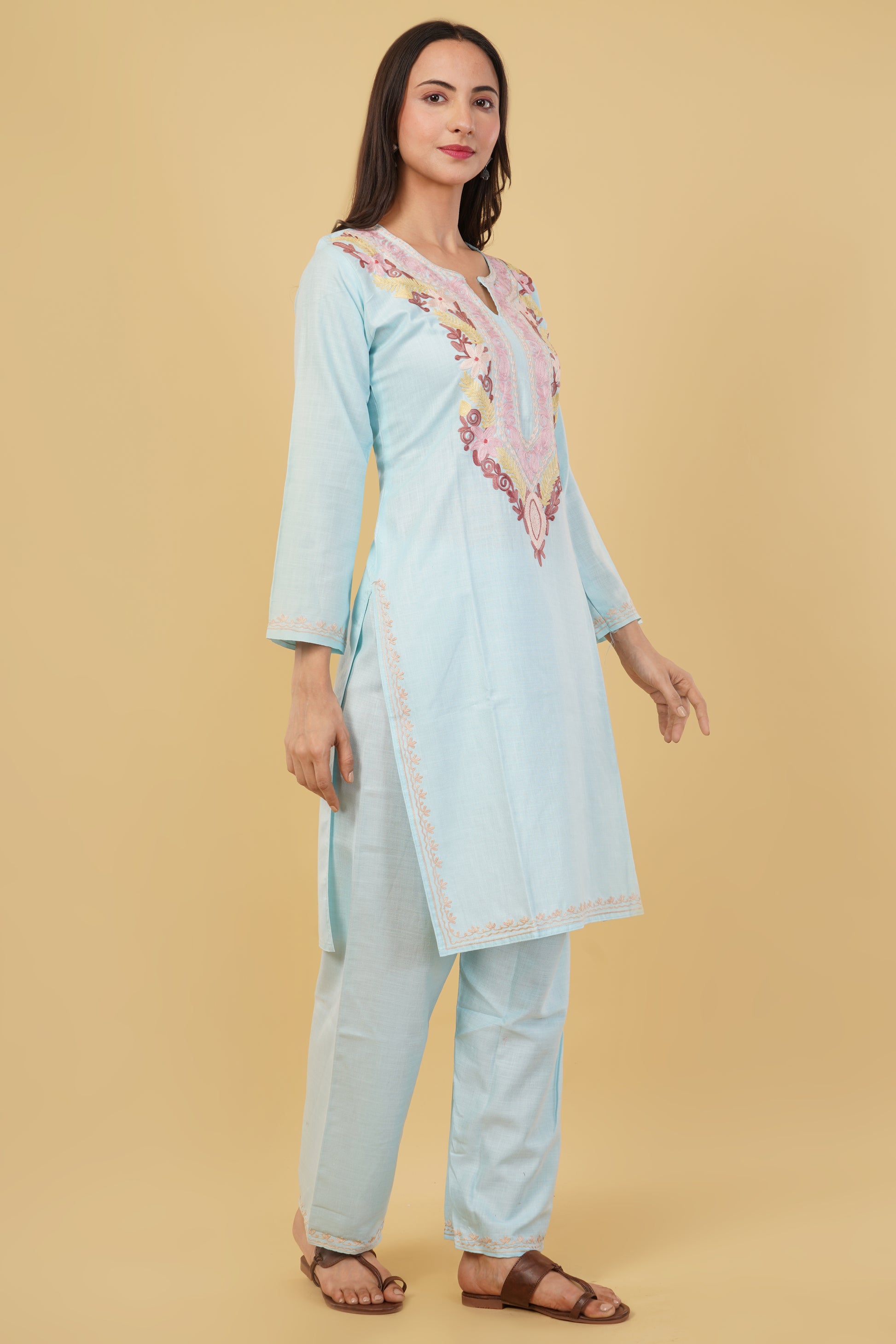 Kashmiri Aari embroidery Cotton Co-ord set Size-38 (Sky Blue)