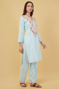 Kashmiri Aari embroidery Cotton Co-ord set Size-38 (Sky Blue)