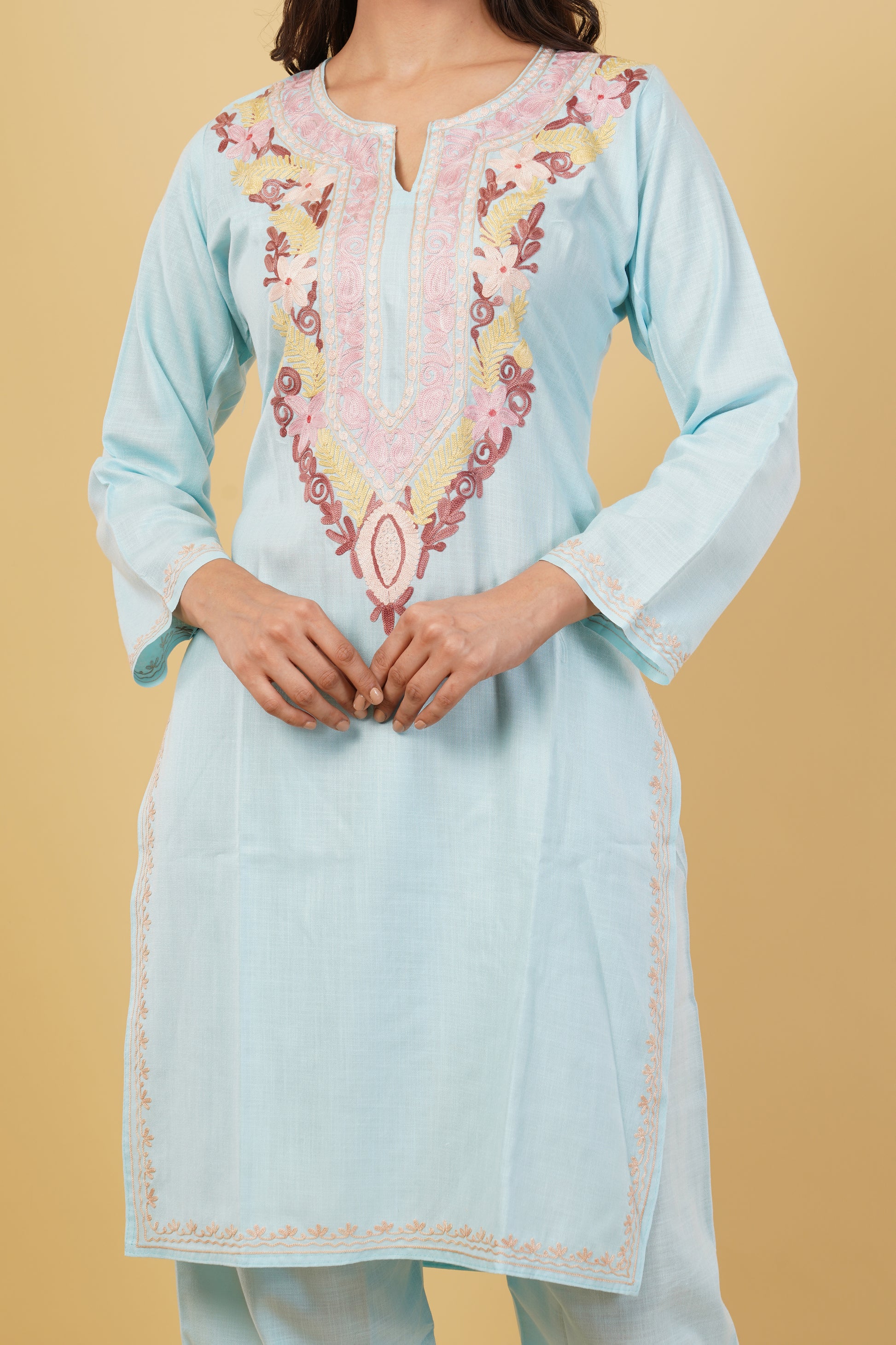 Kashmiri Aari embroidery Cotton Co-ord set Size-38 (Sky Blue)