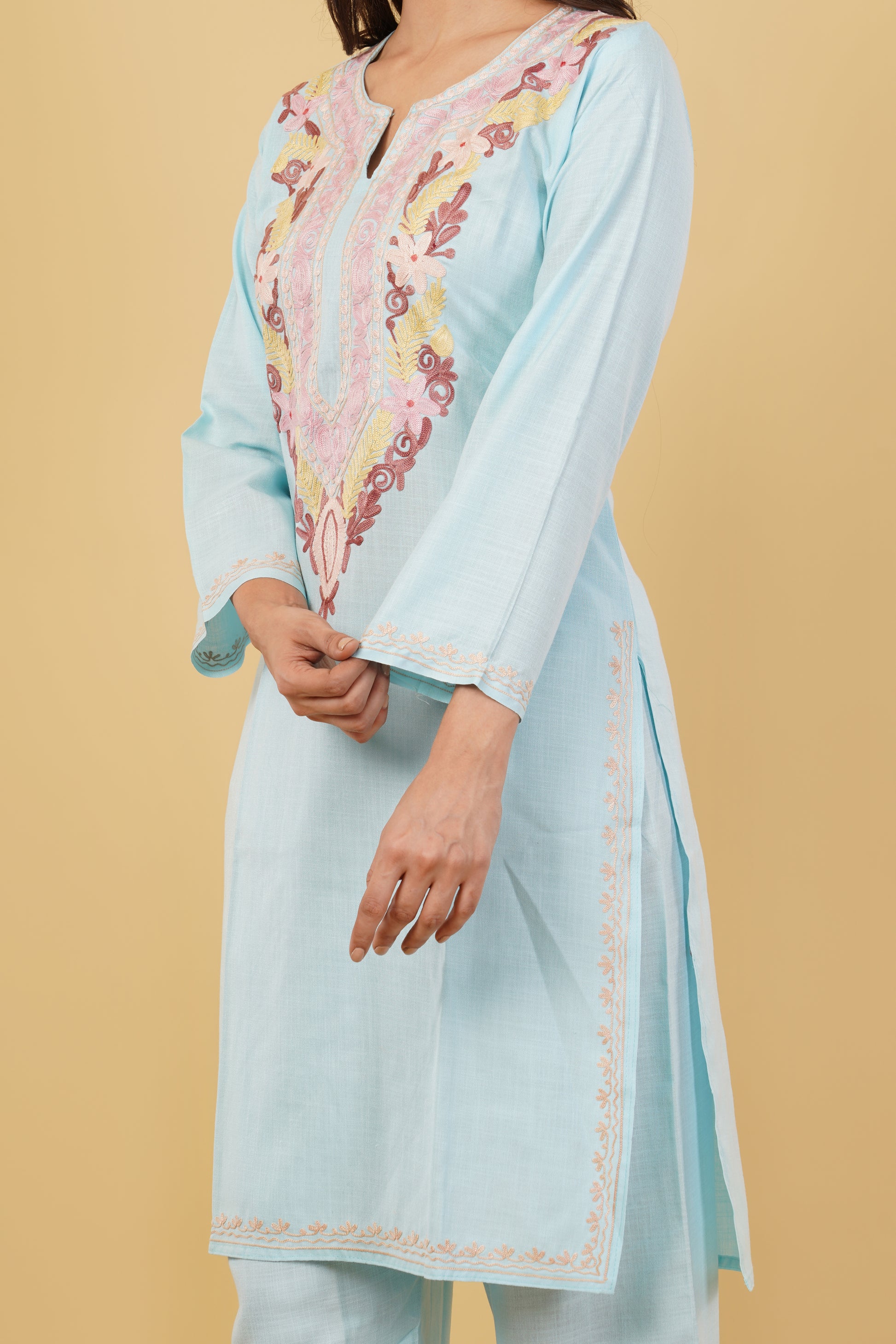 Kashmiri Aari embroidery Cotton Co-ord set Size-38 (Sky Blue)