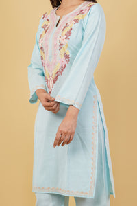 Kashmiri Aari embroidery Cotton Co-ord set Size-38 (Sky Blue)
