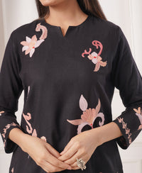 Pure Acro Wool Kashmiri Aari Embroidery Kurti & Pant Set (Black)