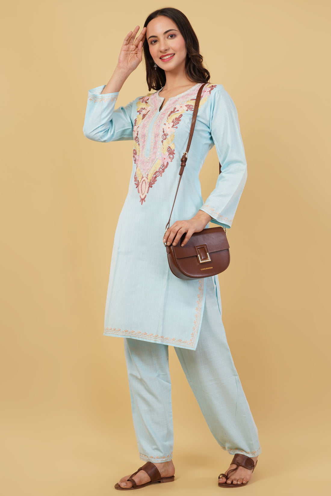 Kashmiri Aari embroidery Cotton Co-ord set Size-38 (Sky Blue)