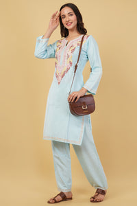 Kashmiri Aari embroidery Cotton Co-ord set Size-38 (Sky Blue)