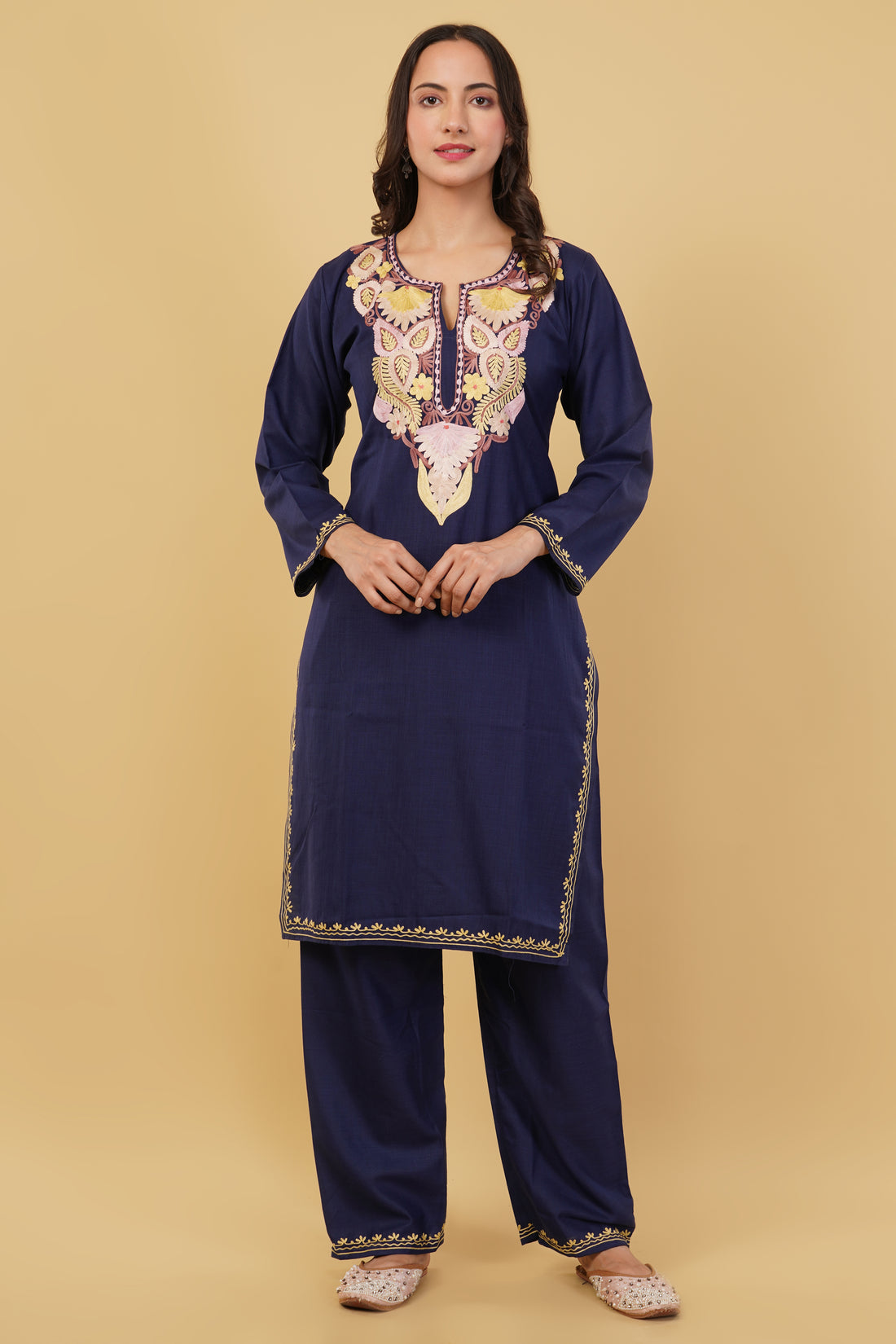 Kashmiri Aari embroidery Cotton Co-ord set Size-38 (Navy Blue)
