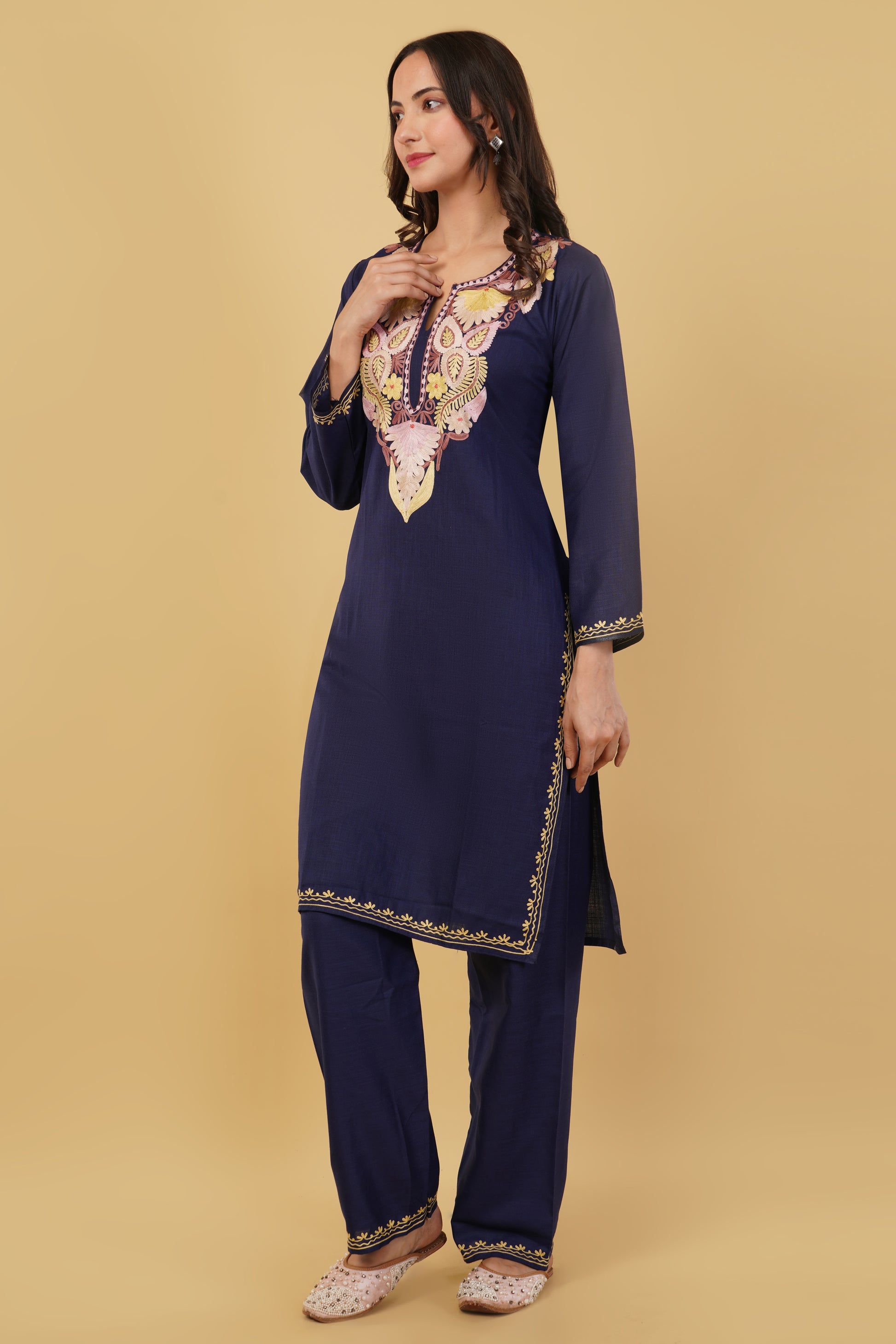 Kashmiri Aari embroidery Cotton Co-ord set Size-38 (Navy Blue)