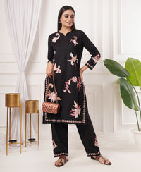 Pure Acro Wool Kashmiri Aari Embroidery Kurti & Pant Set (Black)