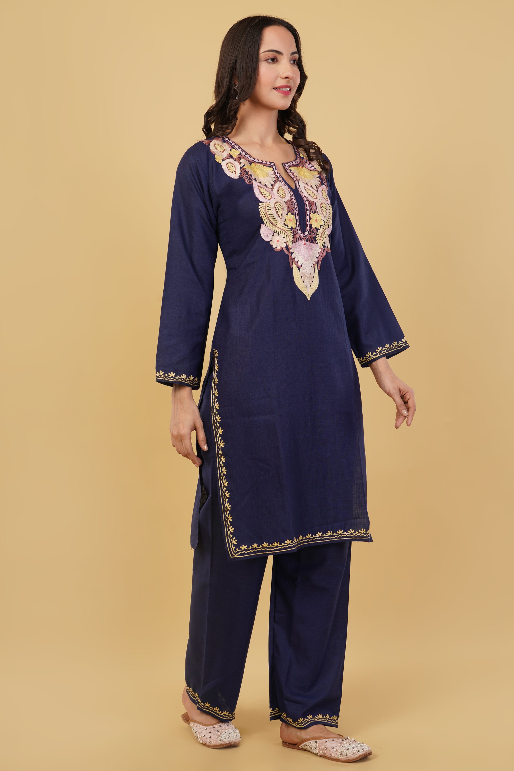 Kashmiri Aari embroidery Cotton Co-ord set Size-38 (Navy Blue)