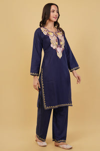 Kashmiri Aari embroidery Cotton Co-ord set Size-38 (Navy Blue)