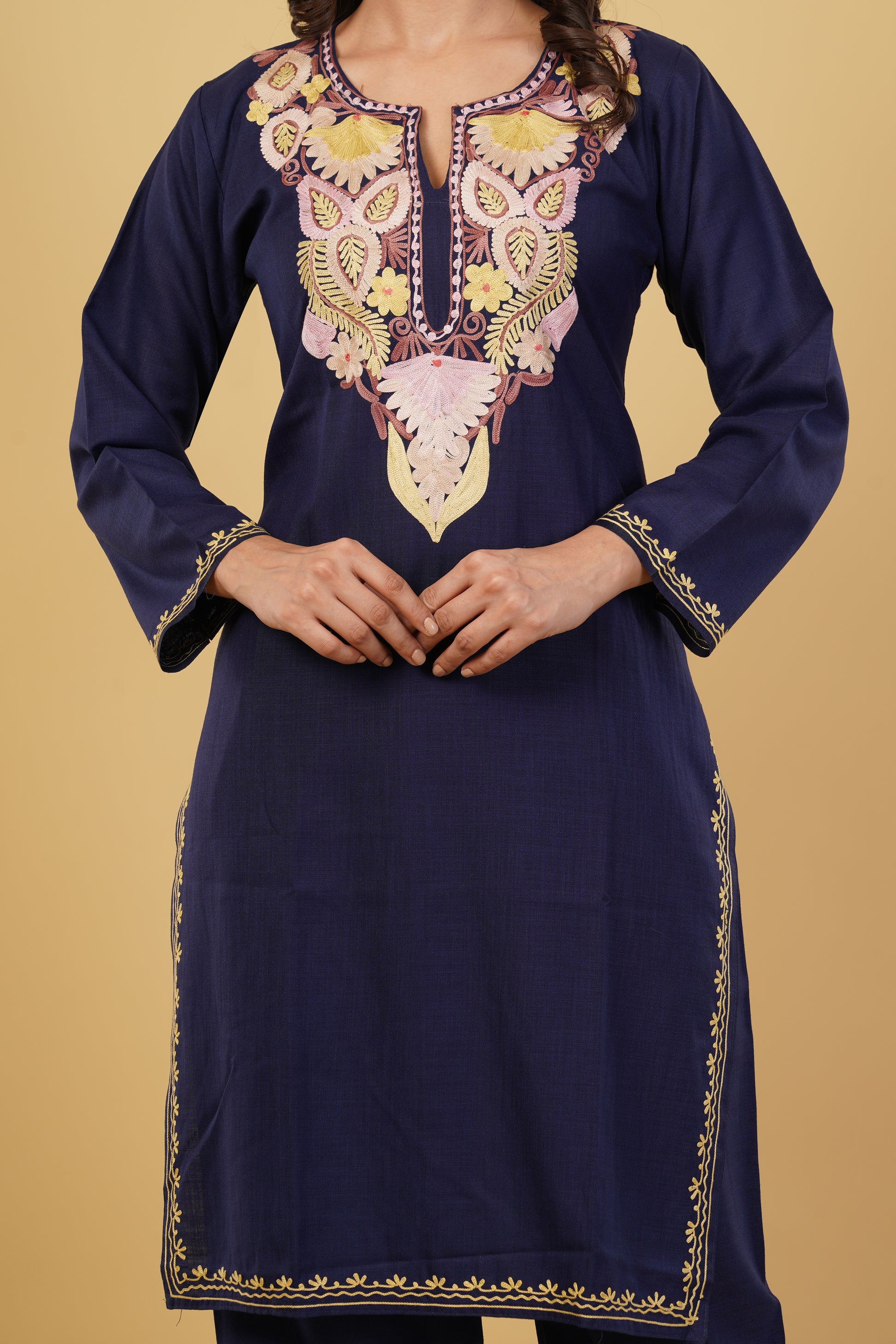 Kashmiri Aari embroidery Cotton Co-ord set Size-38 (Navy Blue)