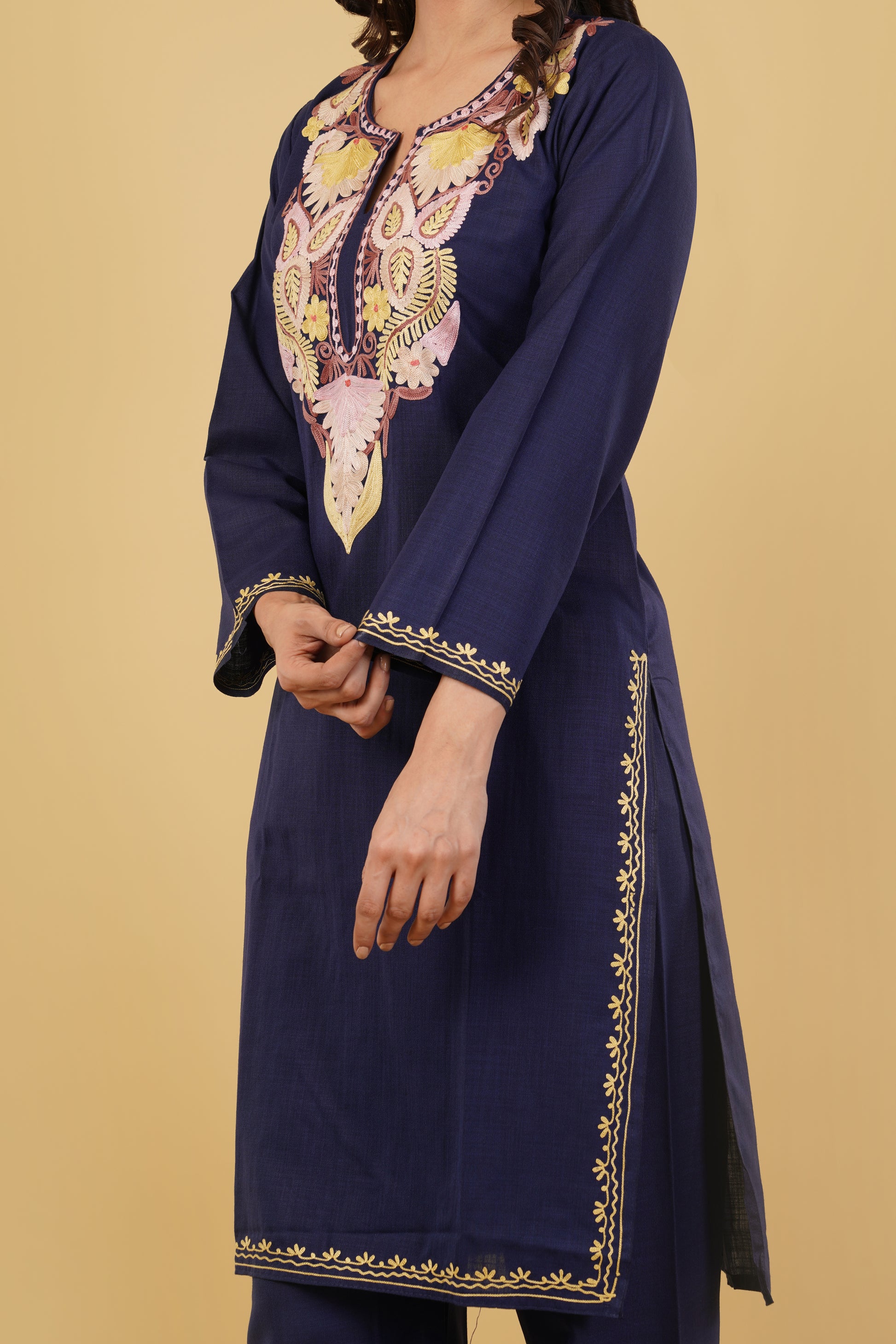 Kashmiri Aari embroidery Cotton Co-ord set Size-38 (Navy Blue)