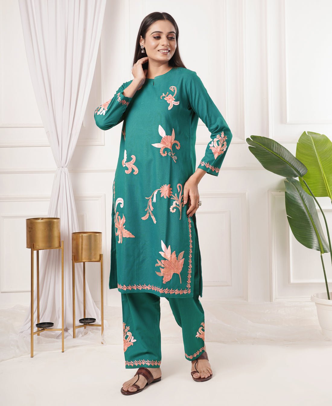Premium Acro Wool Winter Kurti & Pant Set (Rama Green)