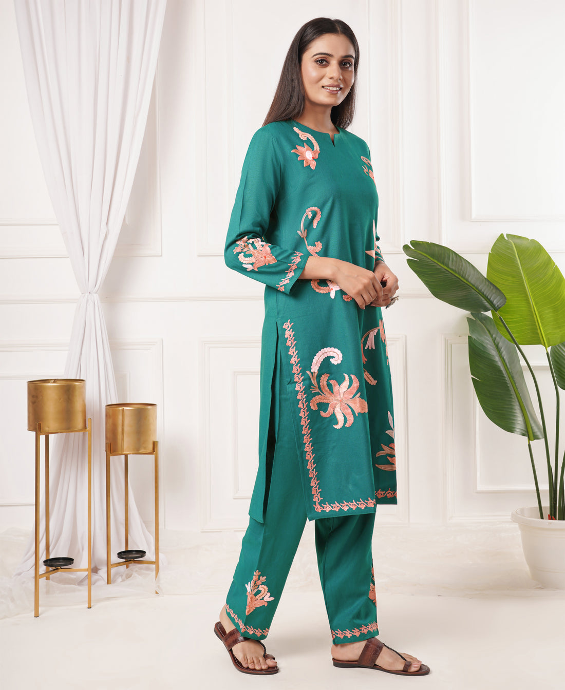 Premium Acro Wool Winter Kurti & Pant Set (Rama Green)