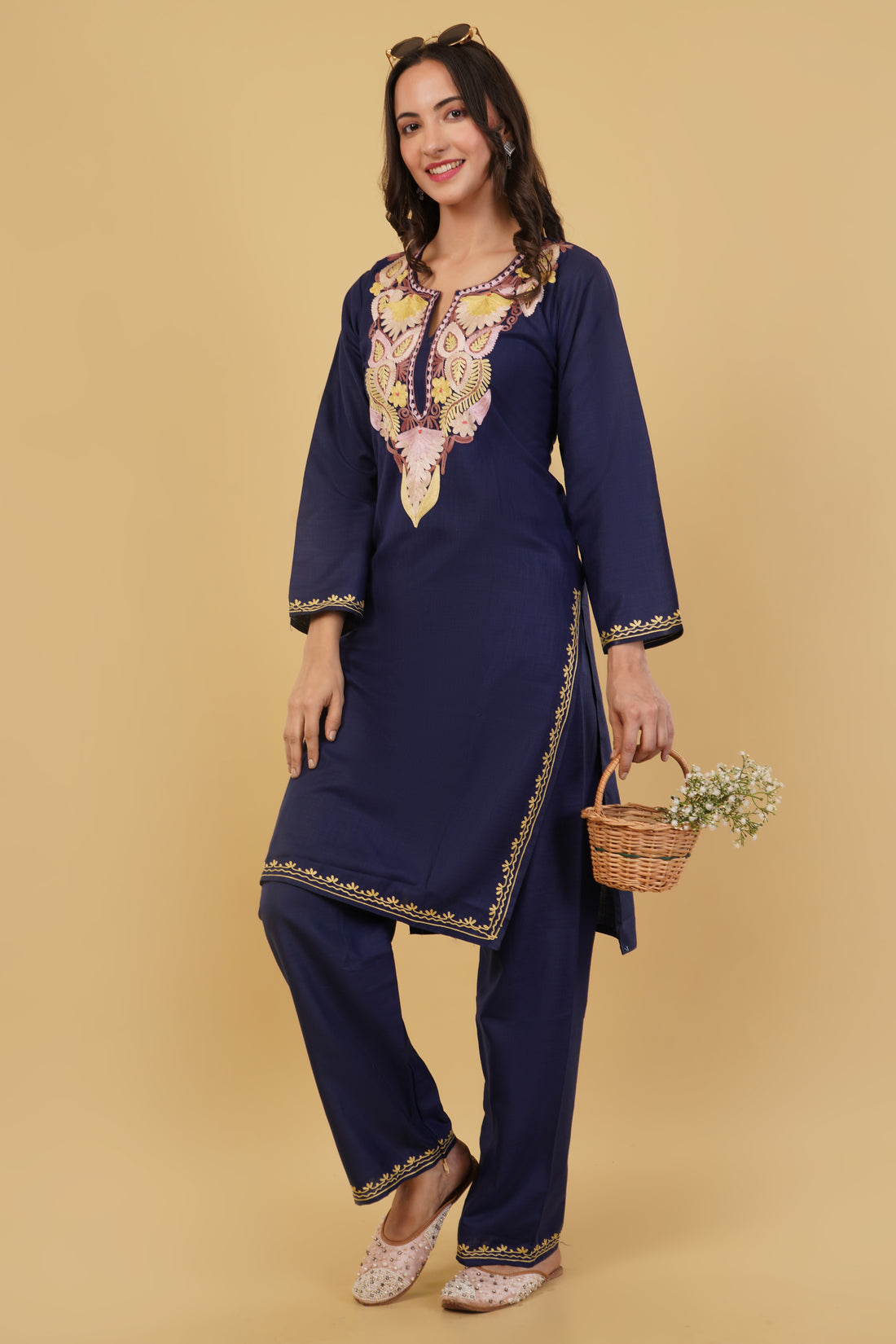 Kashmiri Aari embroidery Cotton Co-ord set Size-38 (Navy Blue)