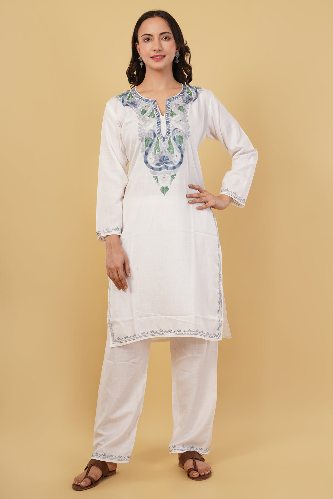 Kashmiri Aari embroidery Cotton Co-ord set Size-38 (White)