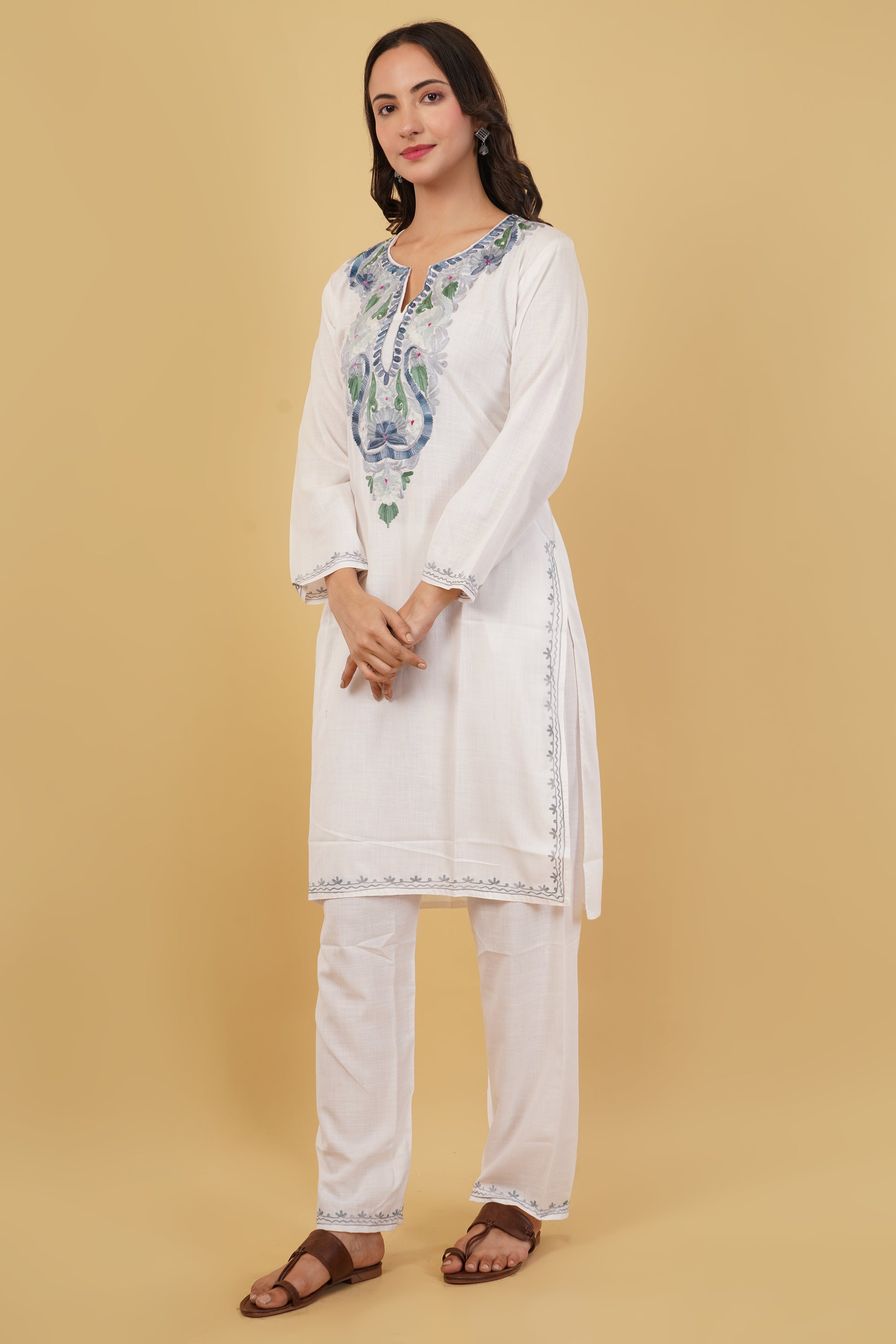 Kashmiri Aari embroidery Cotton Co-ord set Size-38 (White)