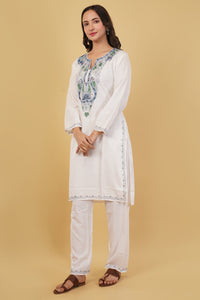 Kashmiri Aari embroidery Cotton Co-ord set Size-38 (White)