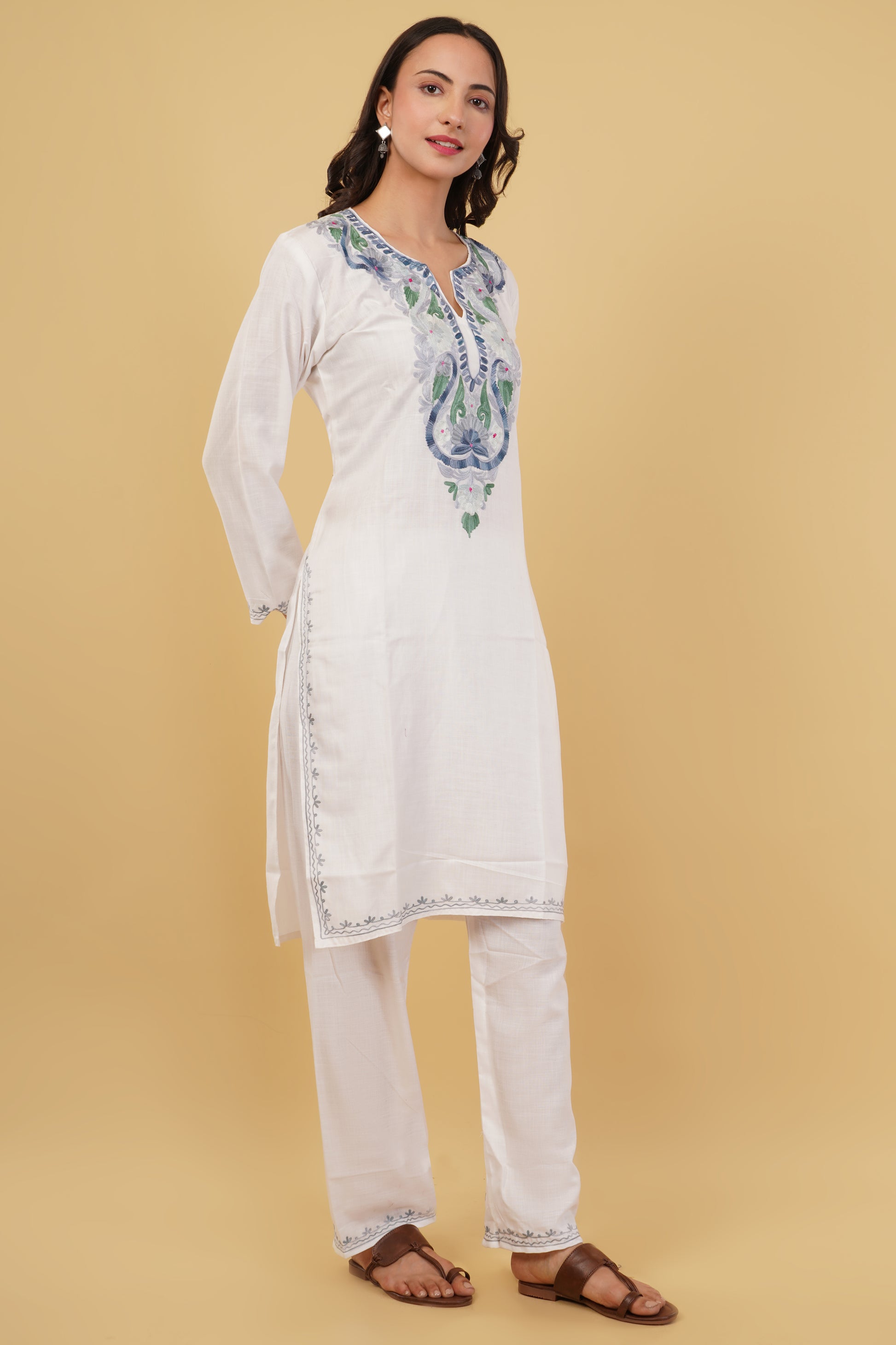 Kashmiri Aari embroidery Cotton Co-ord set Size-38 (White)
