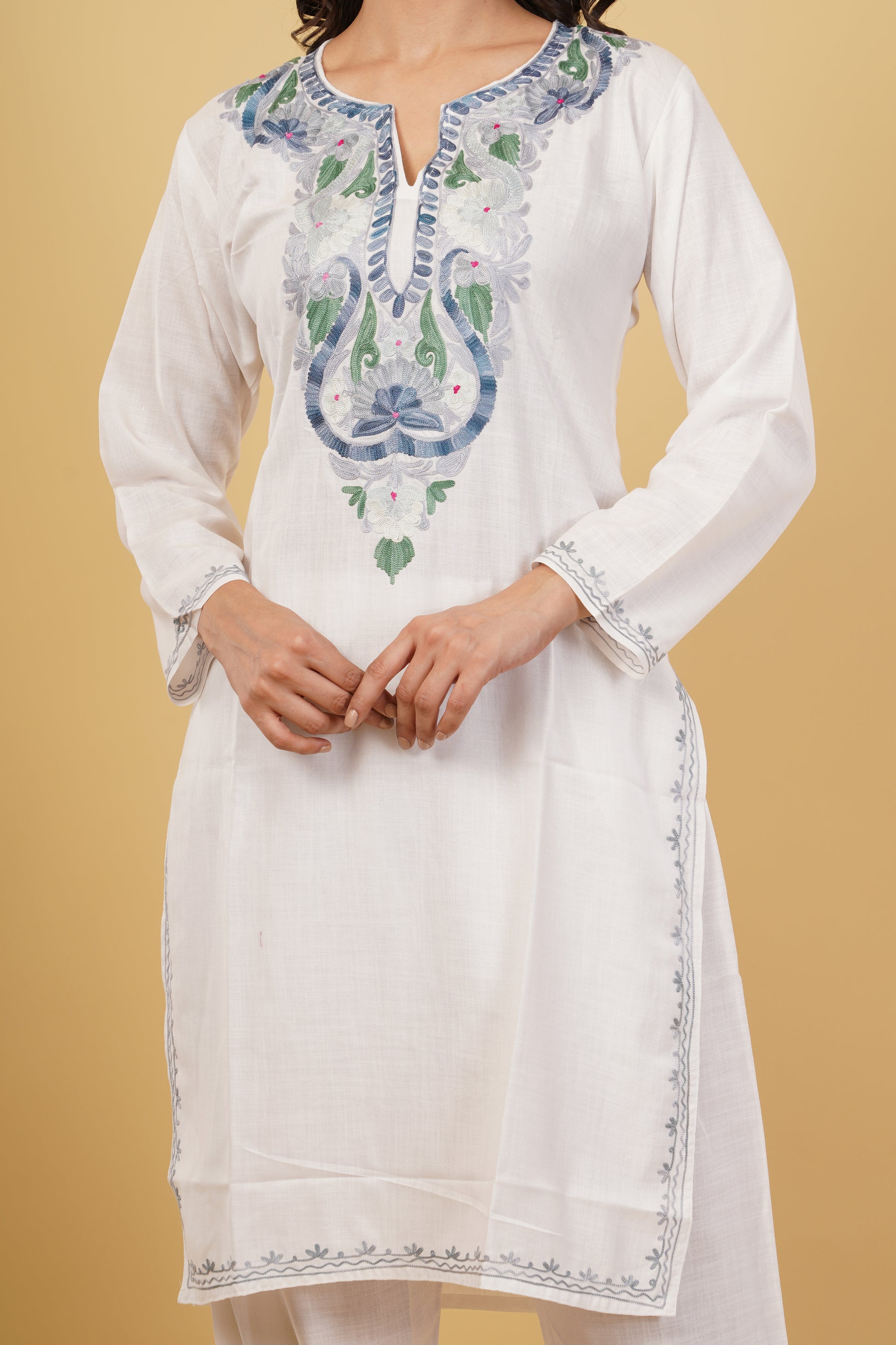 Kashmiri Aari embroidery Cotton Co-ord set Size-38 (White)