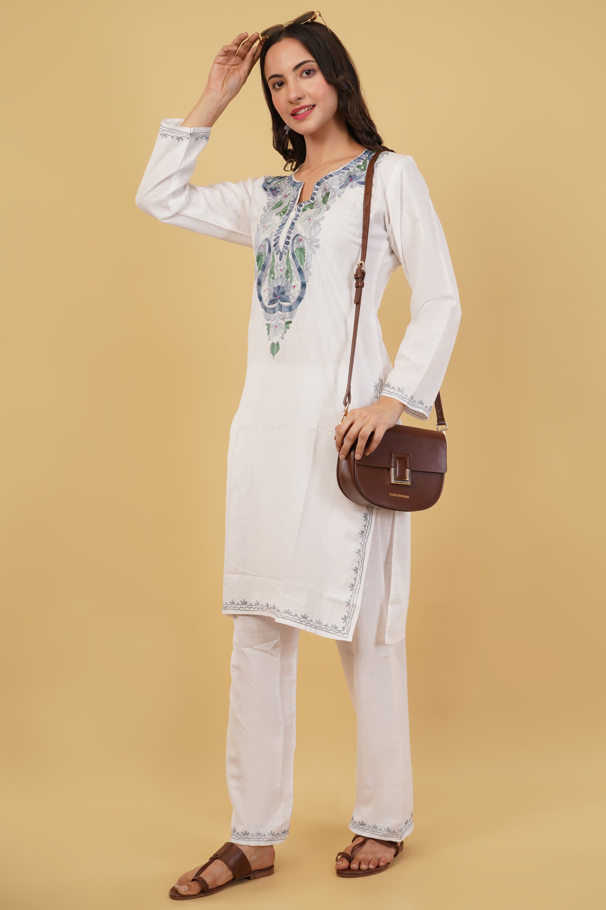 Kashmiri Aari embroidery Cotton Co-ord set Size-38 (White)