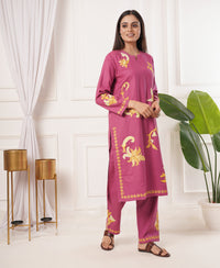 Pure Acro Wool Kashmiri Aari Embroidery Kurti & Pant Set(Pink)