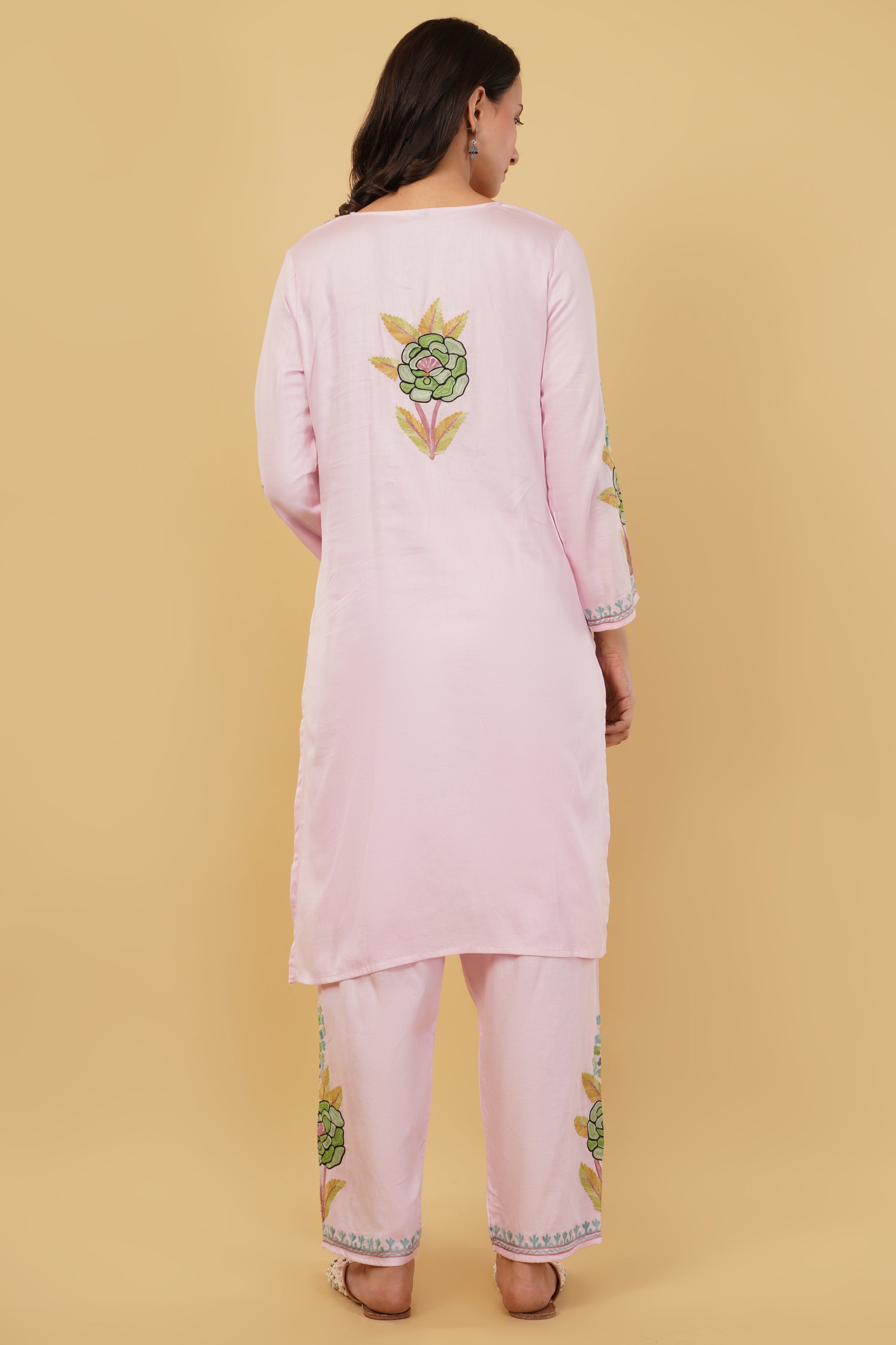 Kashmiri Aari embroidery Jaam Cotton Co-ord set Size-40 (Pink)